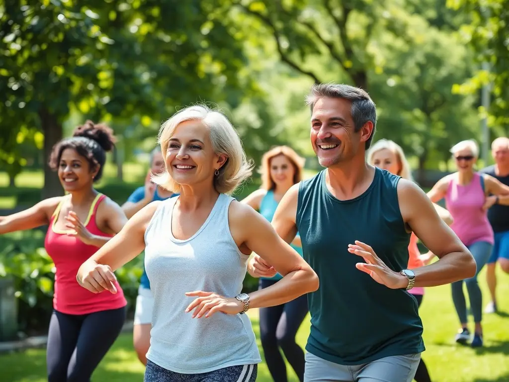 A group of people participating in an outdoor fitness class in a park, with a fitness instructor leading the session, representing the outdoor fitness program offered by BENDURO.