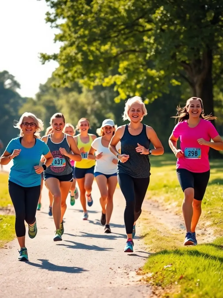 An inspiring image of a group of trail runners running through a forest at sunrise, highlighting the fitness and natural beauty of trail running.