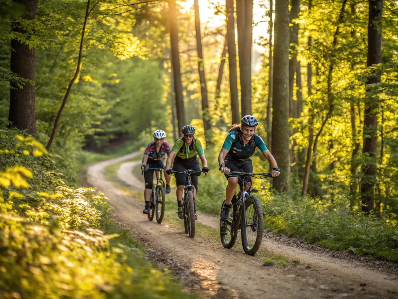 A group of BENDURO members laughing and helping each other navigate a challenging section of a mountain bike trail, emphasizing teamwork and support.