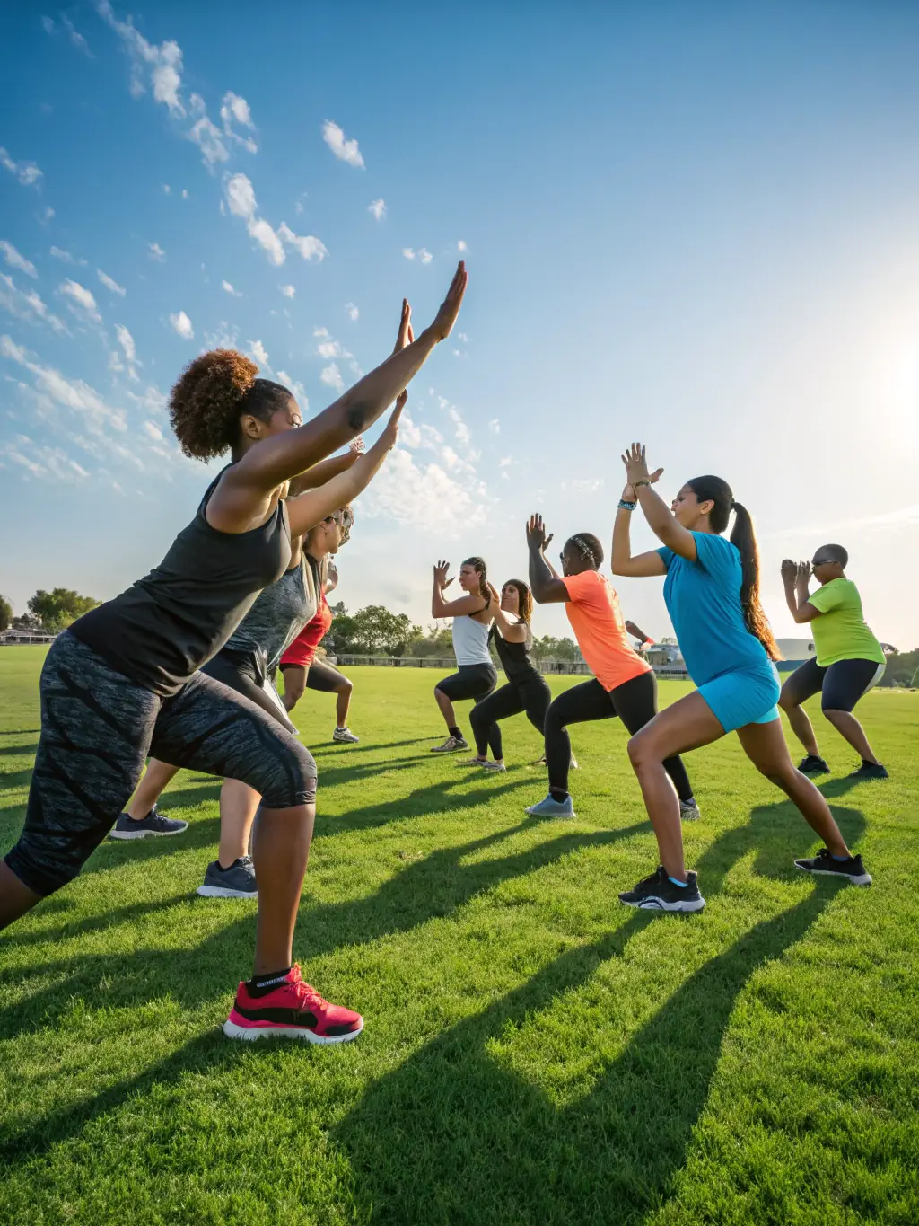 A motivating image of people participating in an outdoor fitness class in a park, demonstrating the fun and social aspects of group fitness.