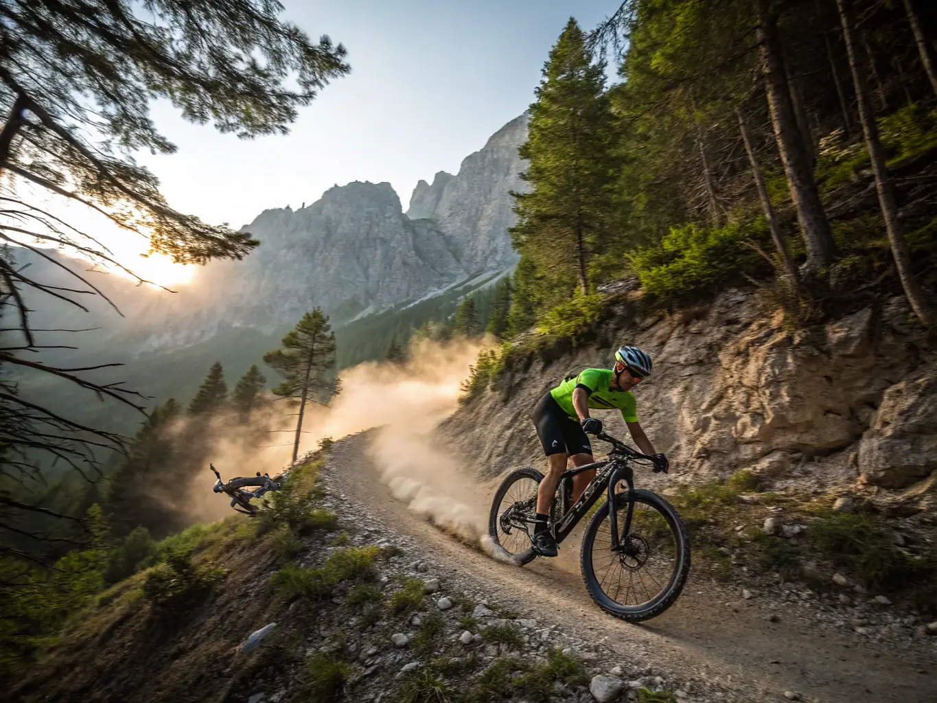 A mountain biker speeding down a dirt trail, surrounded by trees and nature, illustrating the mountain biking program available at BENDURO.