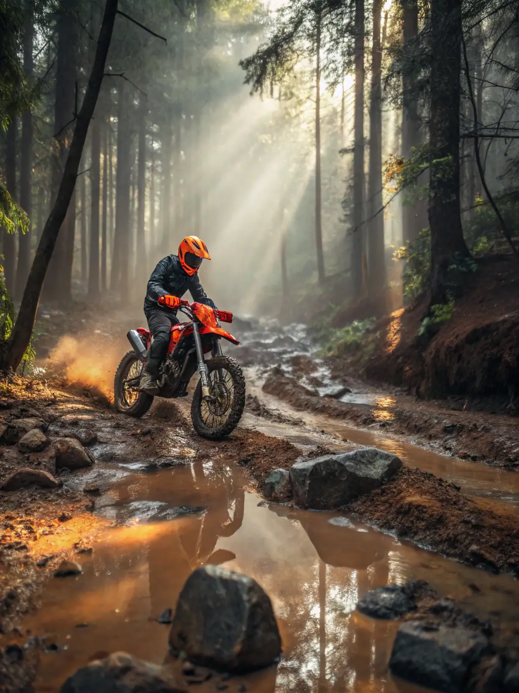 A dynamic image of a mountain biker speeding down a dirt trail, emphasizing the thrill and skill involved in mountain biking.