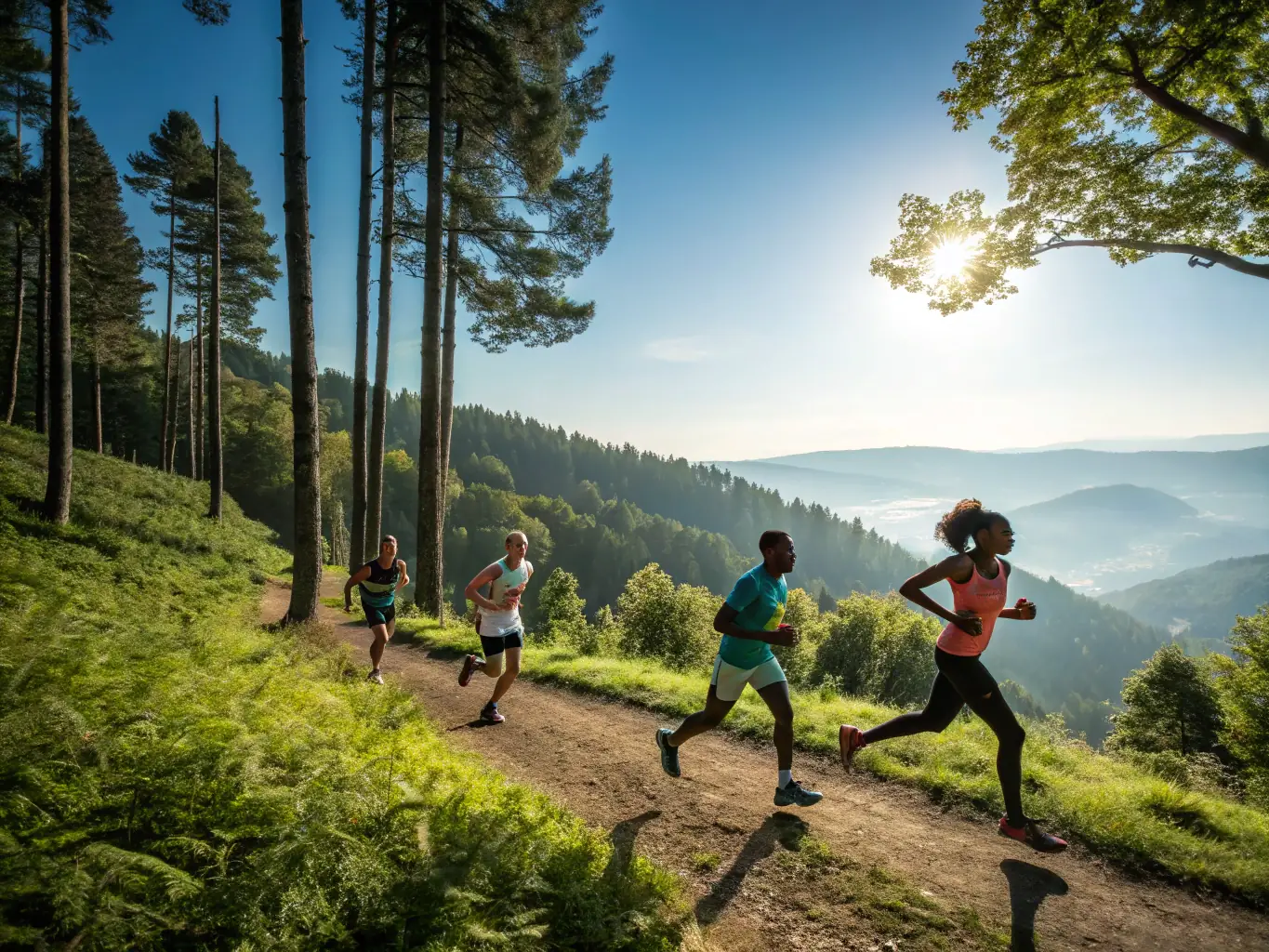A panoramic view of BENDURO members participating in a trail running event, showcasing the excitement and challenge of outdoor recreational experiences.