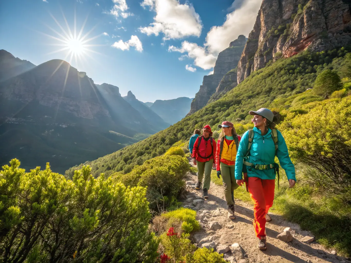 A group of hikers traversing a scenic mountain trail, with lush greenery and clear blue skies in the background, showcasing the hiking program offered by BENDURO.