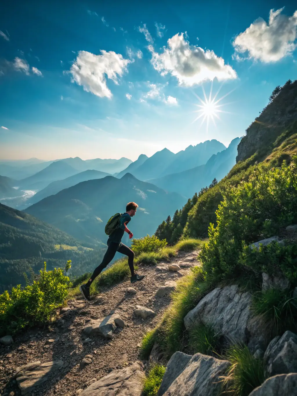 A vibrant image of a group of people hiking up a mountain trail, showcasing the beauty of nature and the challenge of the climb.